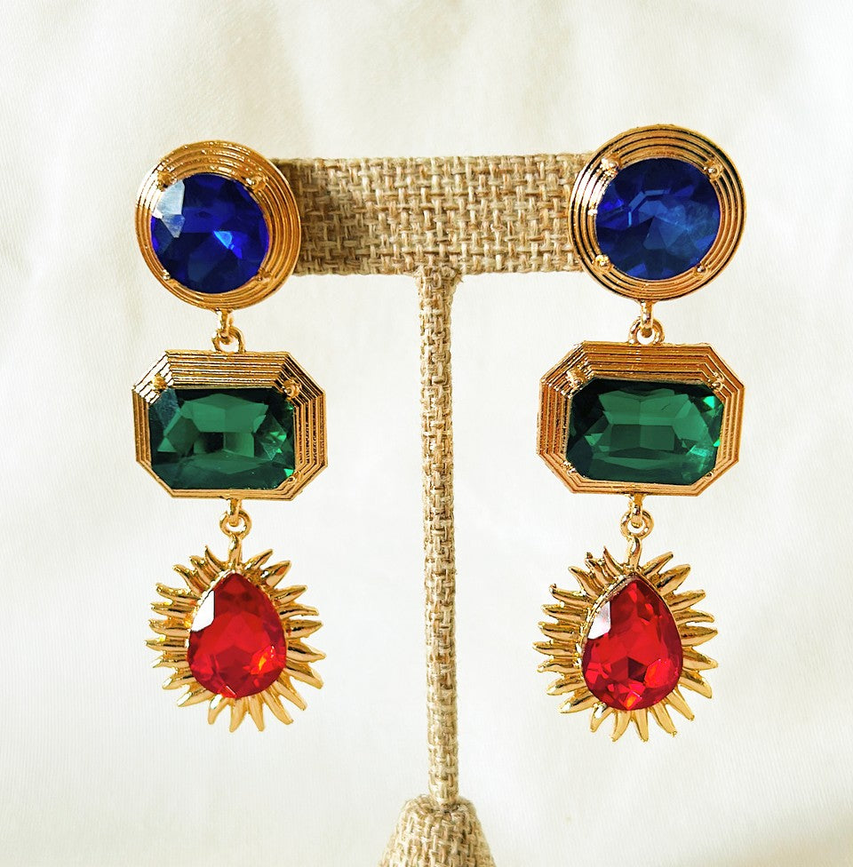 Statement large pierced earrings - dangling style with colorful large rhinestones in blue, green & red.