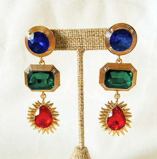 Statement large pierced earrings - dangling style with colorful large rhinestones in blue, green & red.