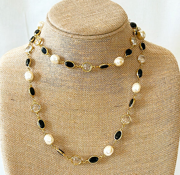 Vintage long faux pearl & clear crystal designer style necklace with black rhinestone style accents