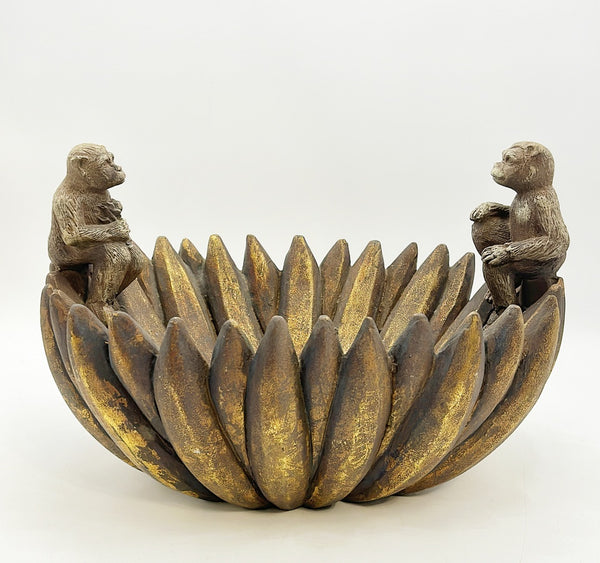 Decorative large oval banana bowl with monkeys on each side