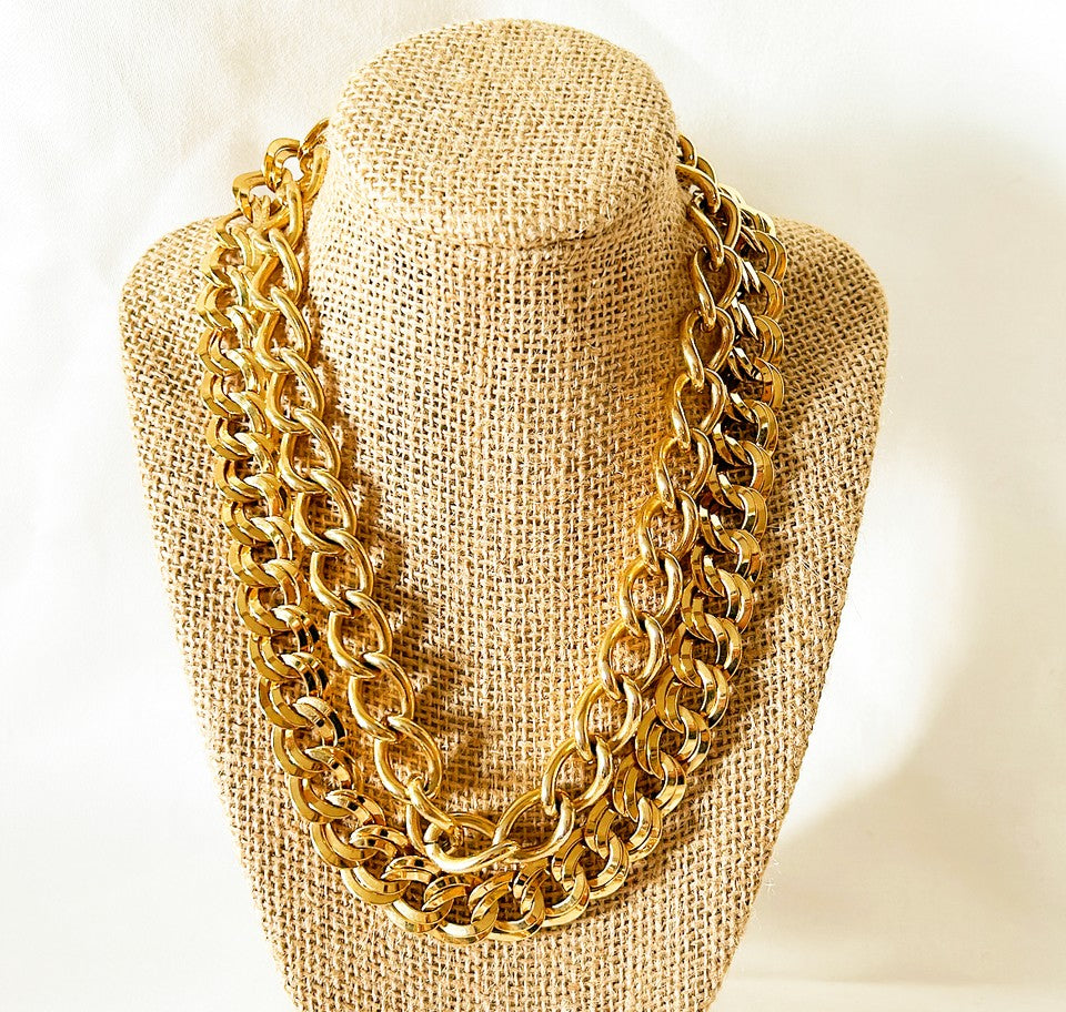 Set of 2 large chunky gold link necklaces pair together.