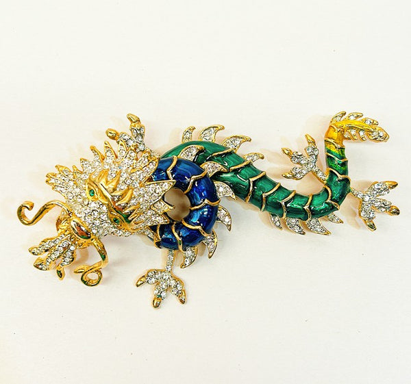 Vintage extra large dancing chinoiserie style dragon statement brooch.