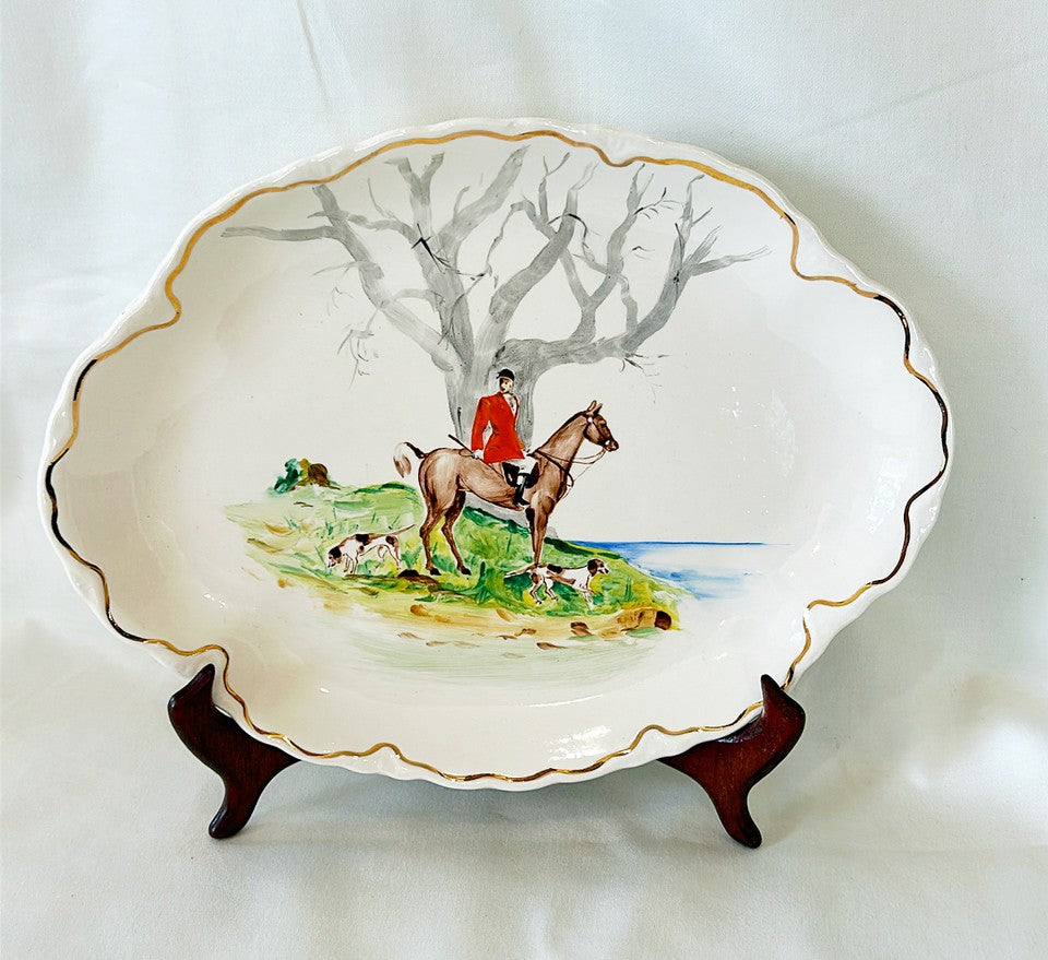 Classic vintage 1960s oval shaped fox hunt equestrian rider scene platter.