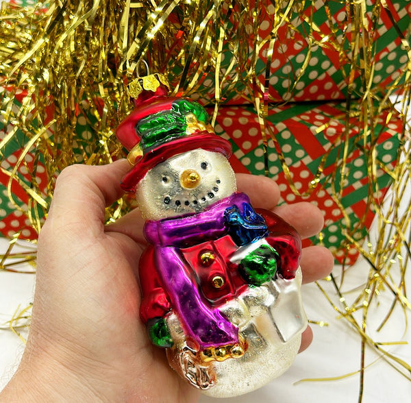 Vintage early 90s large scale hand blown glass snowman Christmas tree ornament.