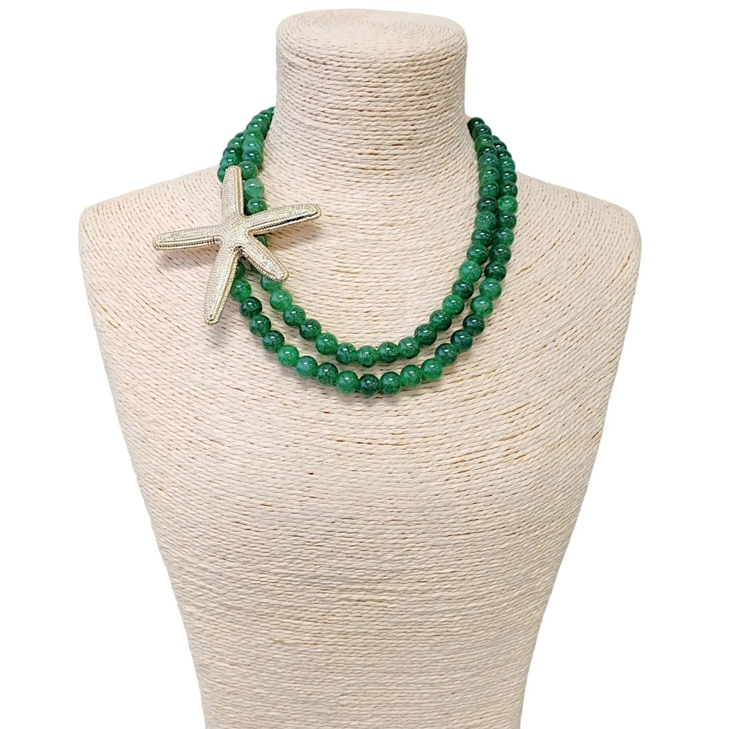 Sea Green Jewel-Tone Bead & Gold Starfish Pendant Necklace