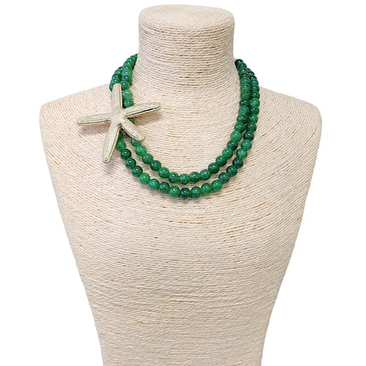 Sea Green Jewel-Tone Bead & Gold Starfish Pendant Necklace