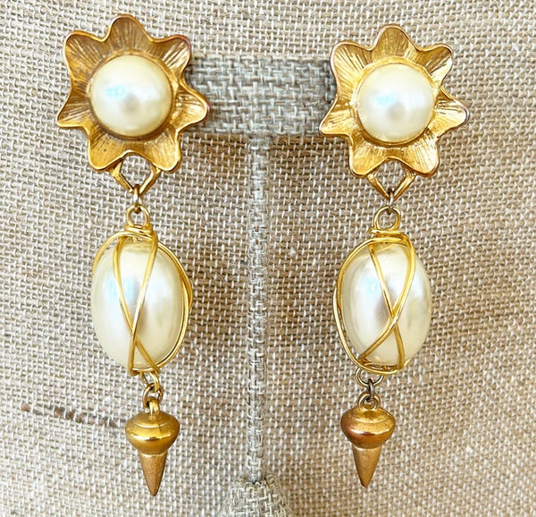 1980’s large clip on faux pearl dangling earrings.