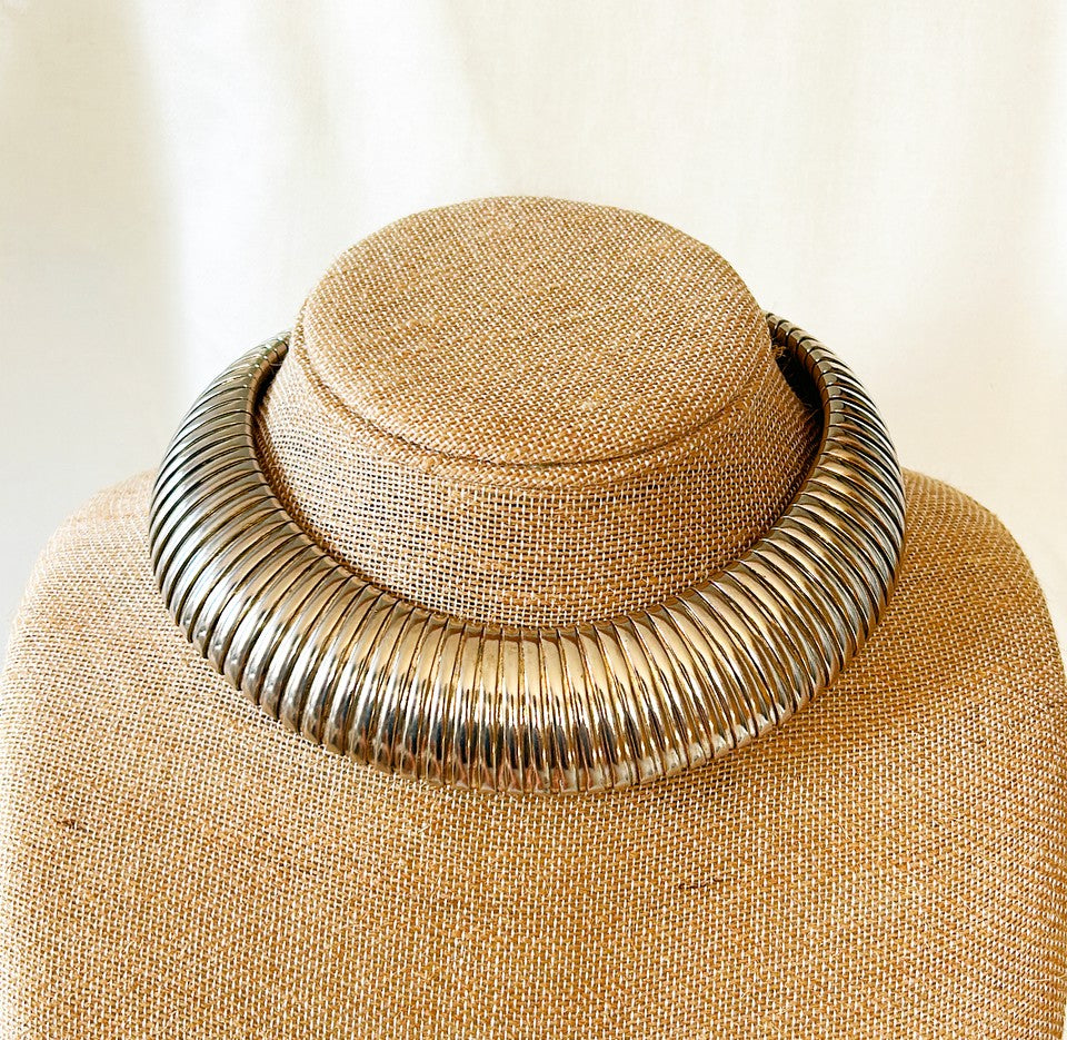 Les Bernard stamped / signed thick chunky thick silver flexible statement collar necklace.
