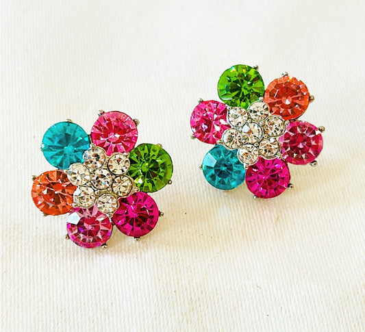 Vintage 90s colorful flower style rhinestone earrings