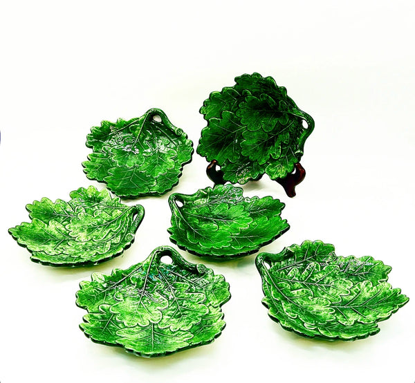 Rare set of 6 Italian made deep green leaf dishes