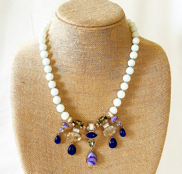 Tablets designer statement necklace with light blue washed style beads & faux stone & rhinestone accents