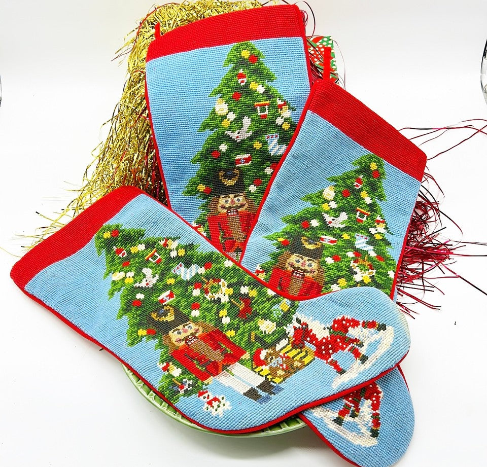 Set of three matching needlepoint style Christmas stockings vintage from the late 80s.