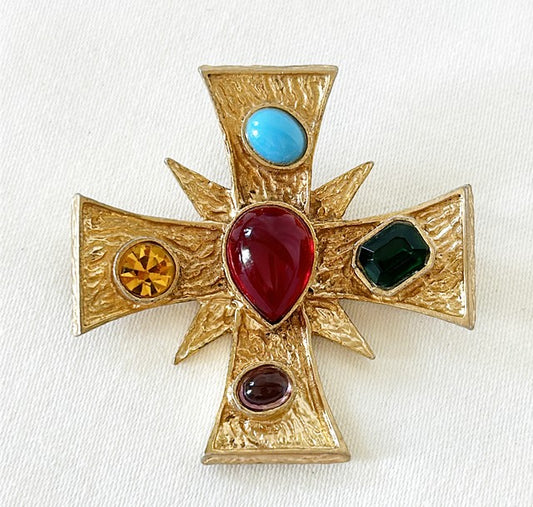 Stunning 1970s vintage Maltese Cross brooch with Gripoix stones & rhinestone accents.