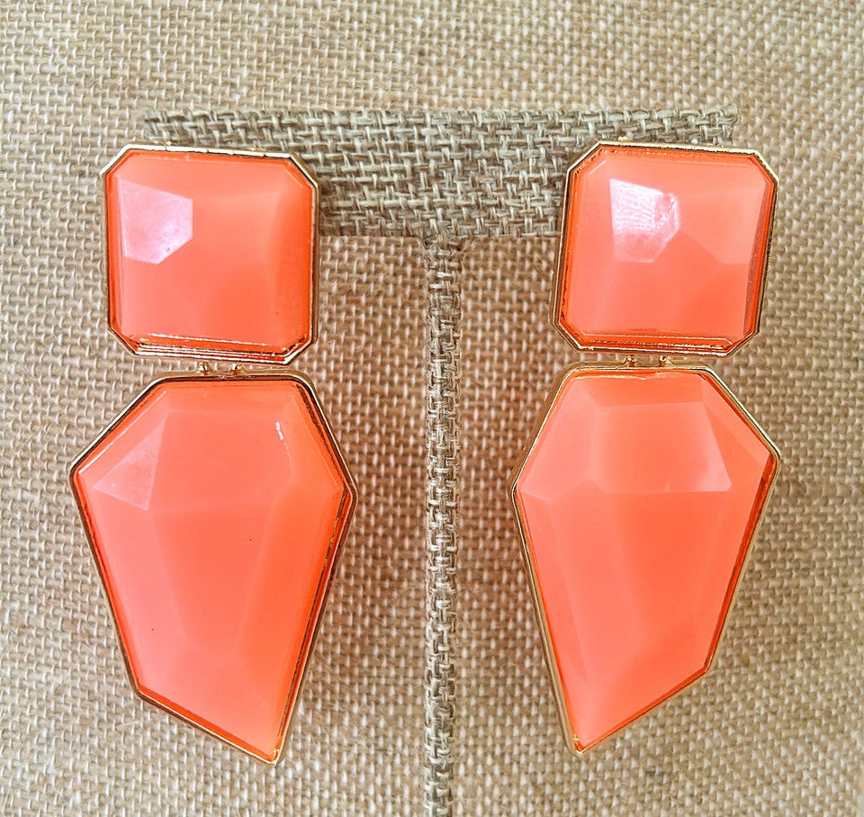 Extra large modern style statement pierced earrings. 2 piece dangle style in gold metal tim