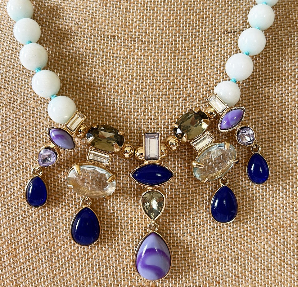 Tablets designer statement necklace with light blue washed style beads & faux stone & rhinestone accents