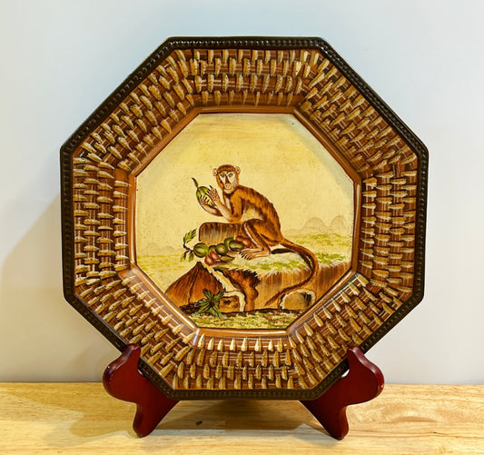 Monkey sitting holding fruit vintage decorative monkey plate