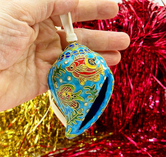 Vintage 1980s cloisonné style seashell Christmas tree ornament.