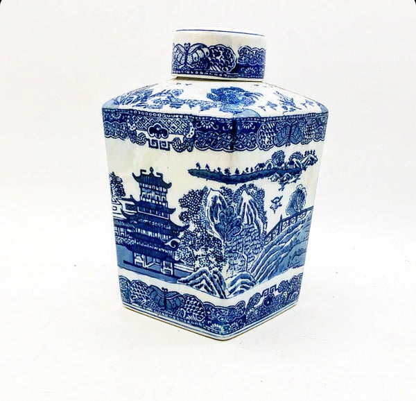 Vintage blue and white chinoiserie style square ginger jar vase with lid.