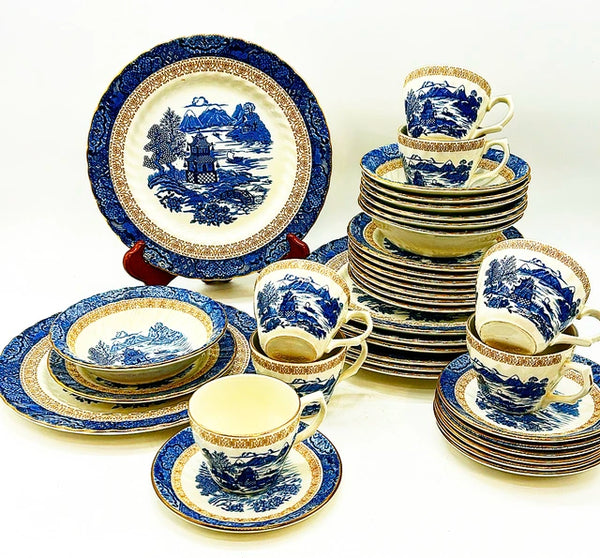 Antique blue &amp; white blue chinoiserie stamped GRINDLEY Staffordshire England fine china set.