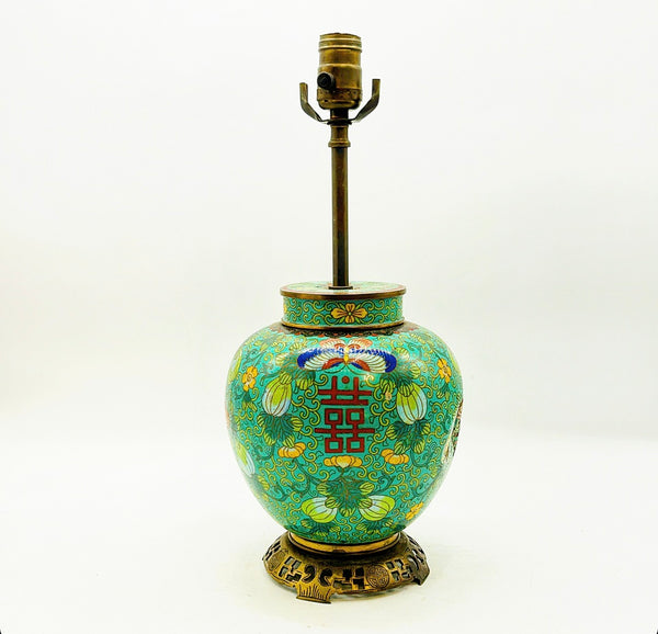 Vintage / antique cloisonné style metal chinoiserie ginger jar lamp.