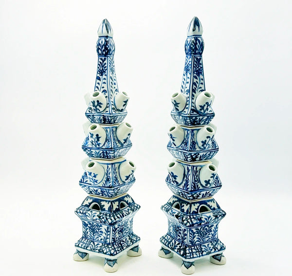 Two matching blue &amp; white chinoiserie style tulipieres.