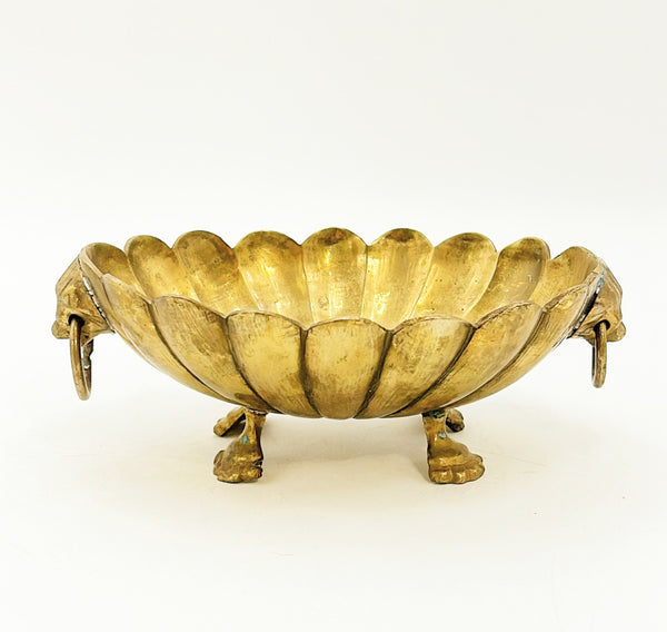 Vintage 80s solid brass scalloped decorative footed oval bowl.