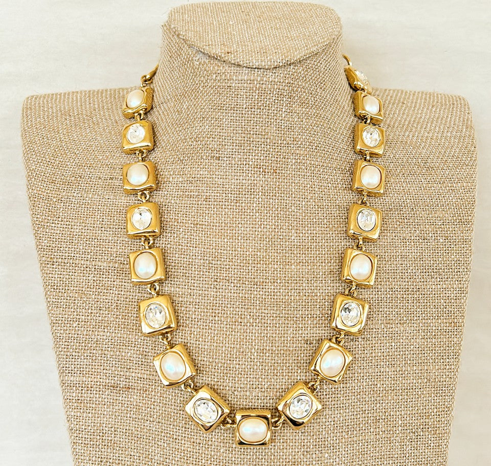 1980s signed Givenchy runway style statement necklace with faux pearls & faux diamond square links