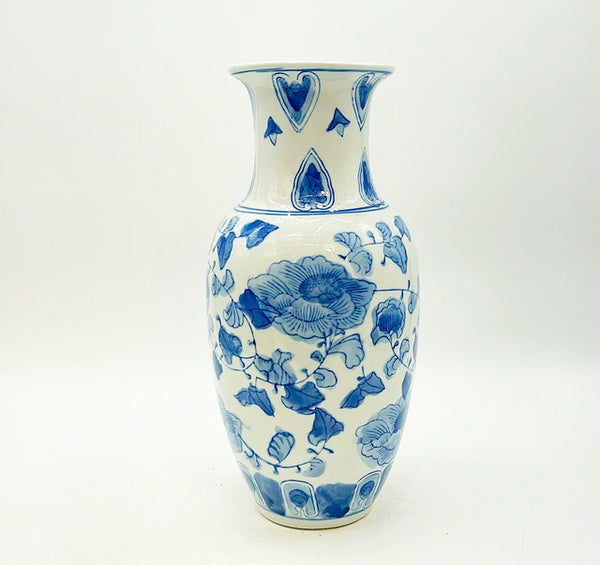 Classic vintage blue &amp; white chinoiserie style porcelain glazed vase.