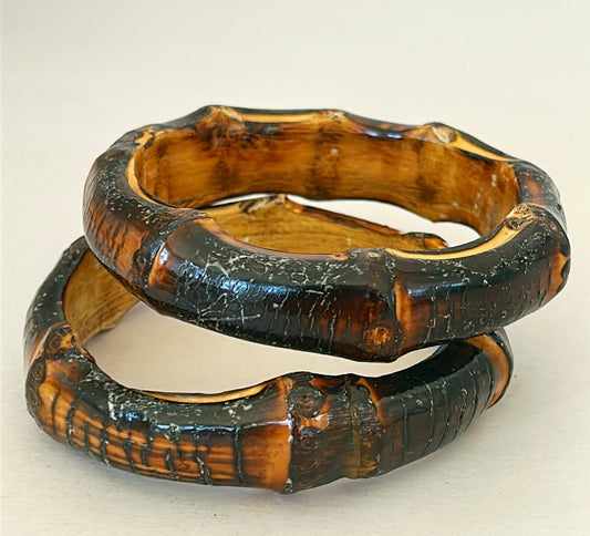 Pair of 1970s real carved burnt bamboo style bangle bracelets.