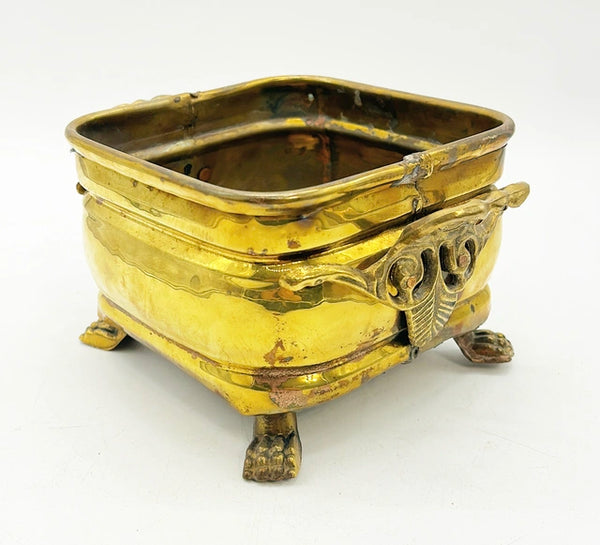 Vintage 80s solid brass square footed planter with side handles