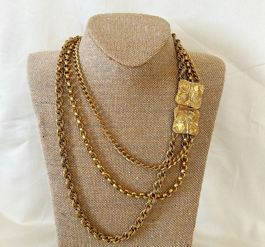Rare signed vintage Lucien Piccard 3 strand gold tone link necklace with square pendant style clasp