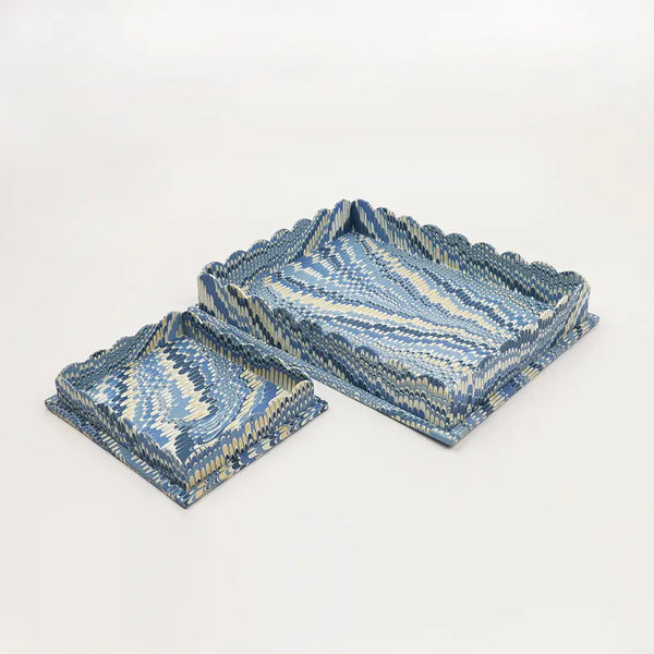 Scalloped Tray Set - Marbled Mountain Blue - Set of 2