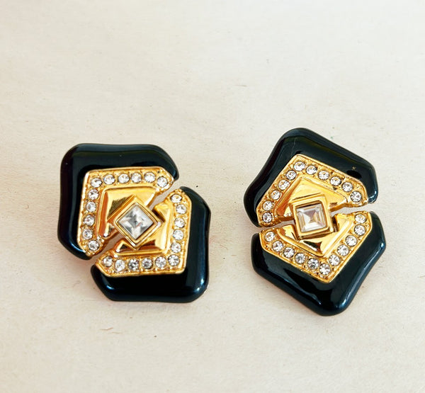 80s signed Swarovski pierced black &amp; gold earrings.