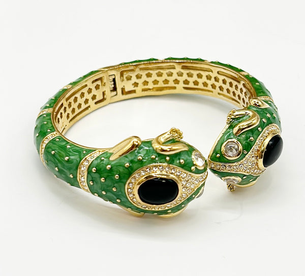 Green enamel double frog head hinged style bracelet