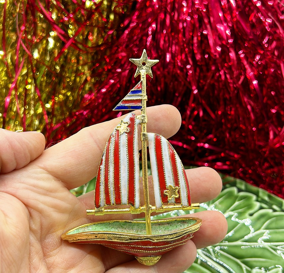 Vintage 1980s rare cloisonné style sailboat Christmas tree ornament.