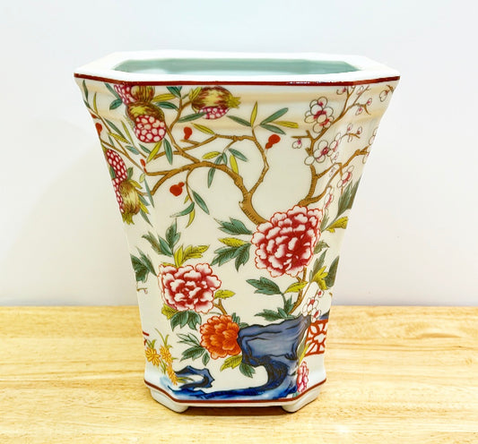 Multi colored tall chinoiserie style cachepot