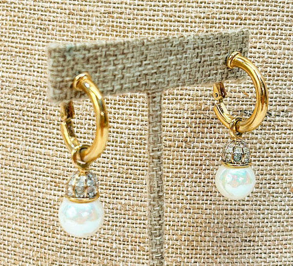 Fabulous Nina Ricci faux pearl &amp; rhinestone hoop style dangling earrings