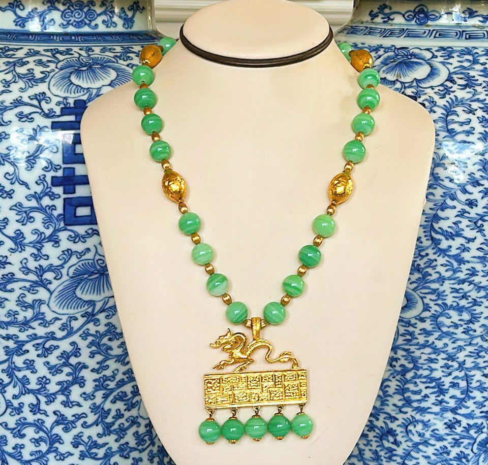 Amazing rare signed vintage Kenneth Lane statement necklace with jade beads & large scale chinoiserie style dragon pendant with dangling jade beads