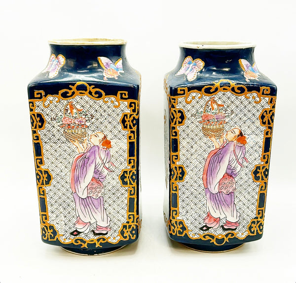 Rare matching pair of vintage chinoiserie style porcelain glazed vases.