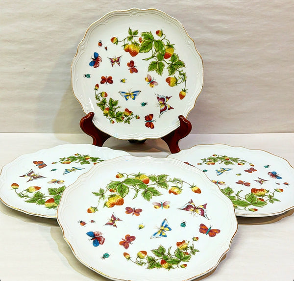 Set of 4 Lenwile Ardalt strawberry &amp; butterflies pattern dinner plates.