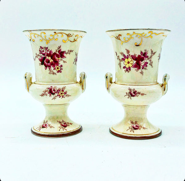 Pair of Vintage Porcelain Urns with Floral Motif