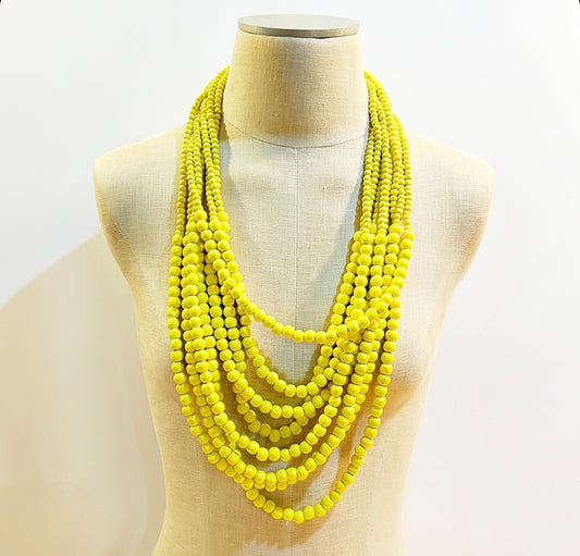 Vintage Spring yellow wooden beaded statement necklace .