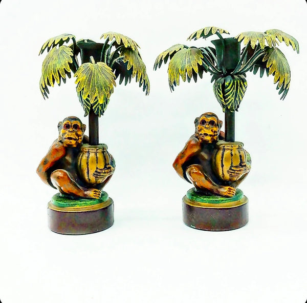 Tole Monkey Candle Sticks - Pair