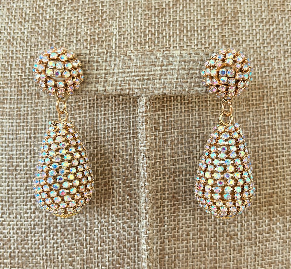 Spectacular rhinestone encrusted pear drop shaped dangle pierced earrings.