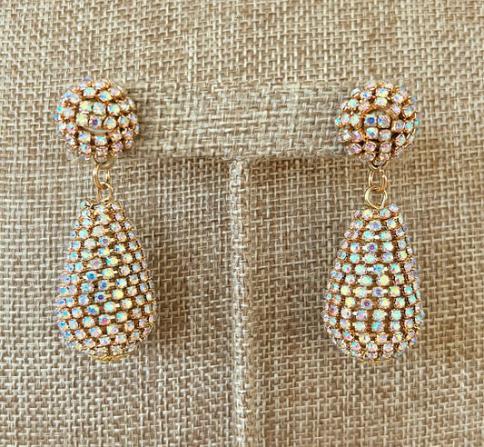 Spectacular rhinestone encrusted pear drop shaped dangle pierced earrings.