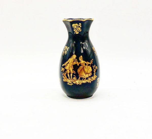 Vintage signed, Limoges France, dark blue flower vase with gold accents