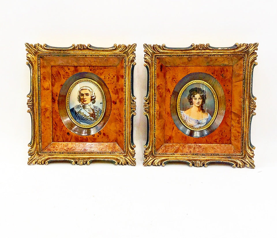 Beautiful Pair of French Portraits in Gilded Burl Frames