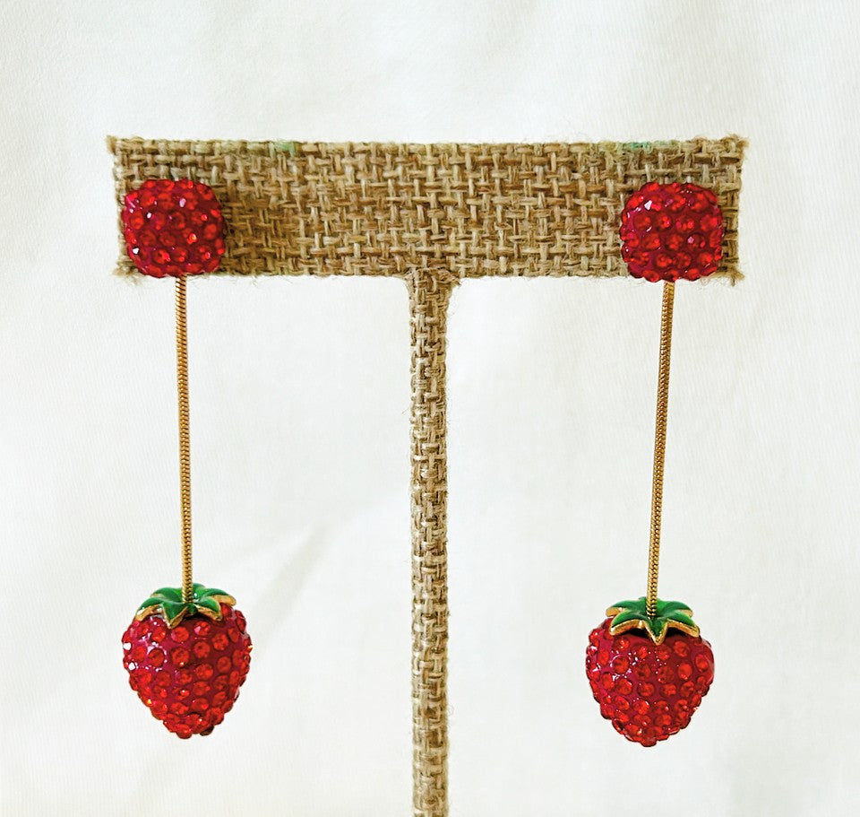Adorable 1980s red strawberry style pierced dangling earrings.