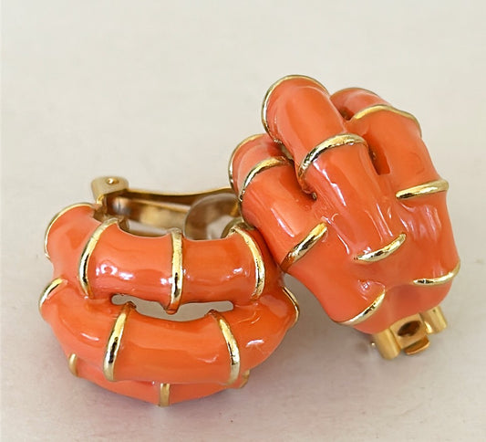 Vintage signed KJL Kenneth Jay Lane large clip on style coral & gold triple style faux bamboo earrings