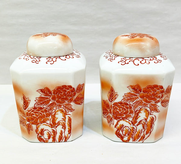 Pair of matching orange &amp; white vintage chinoiserie ginger jars